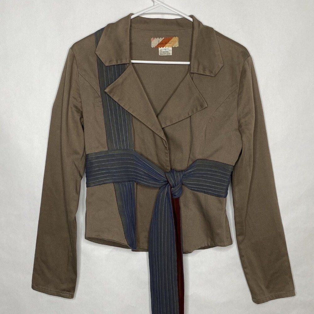 Laura Miller Blazer Women L Brown Blue Tie Front Cropped